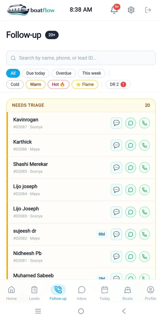 Follow-up triage — Boatflow app screen