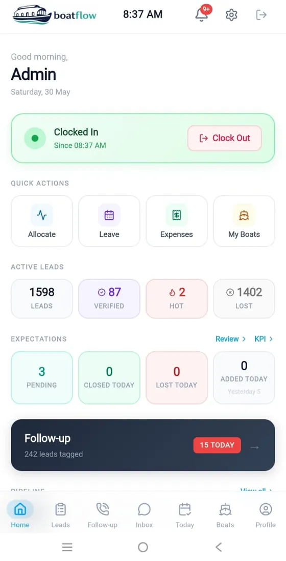 Home dashboard — Boatflow app screen