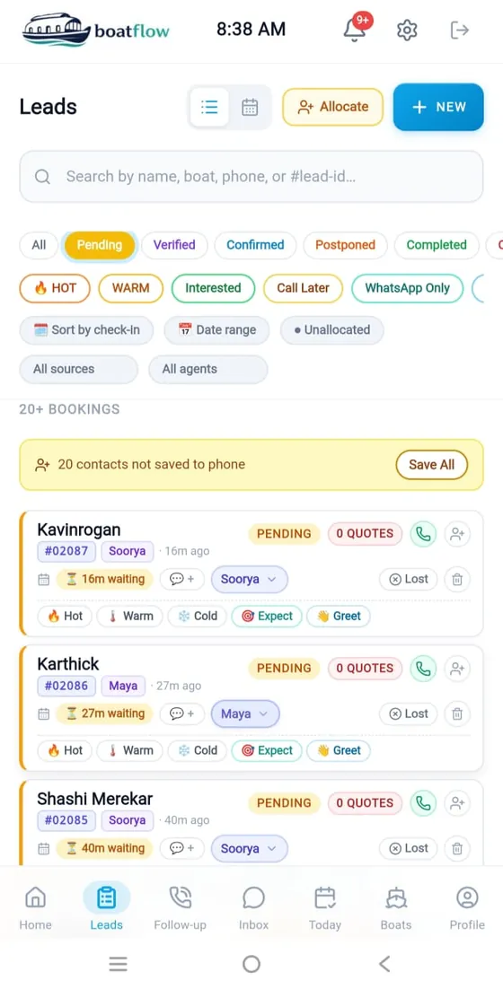 Lead pipeline — Boatflow app screen