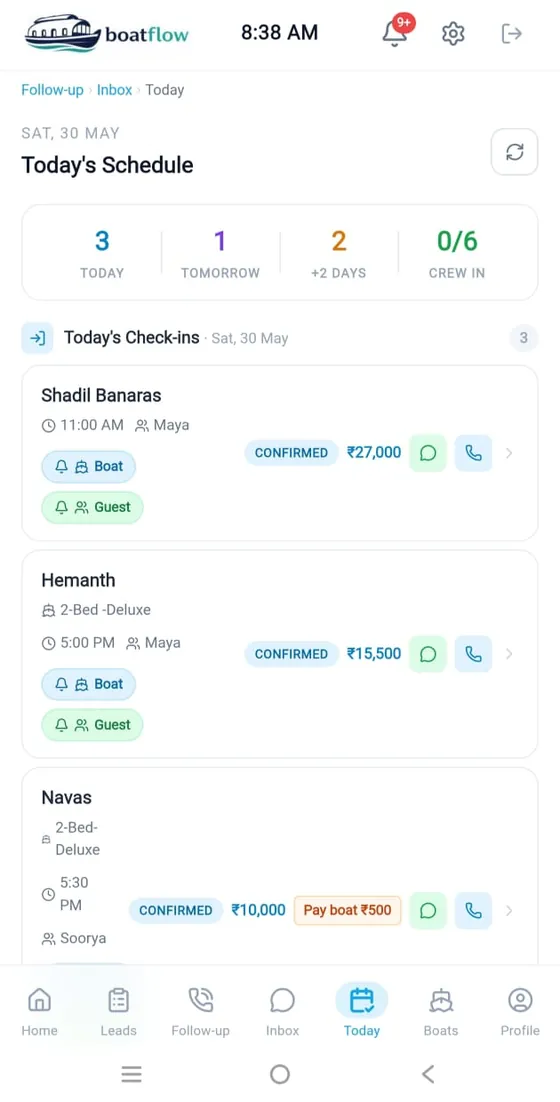 Today's check-ins — Boatflow app screen
